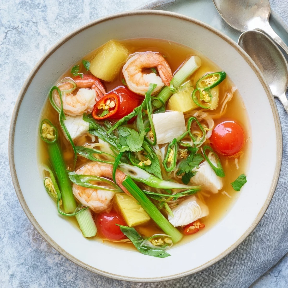 Steaming Canh Chua Vietnamese soup garnished with cilantro and Thai basil next to a plate of fluffy jasmine rice.