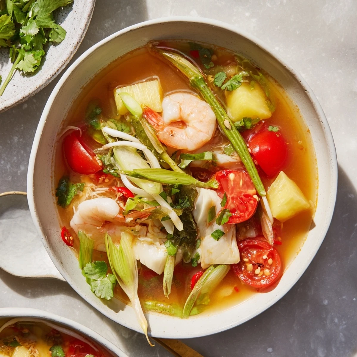 Bright orange broth of Canh Chua soup with white fish chunks, pineapple, and fresh herbs in a rustic bowl.