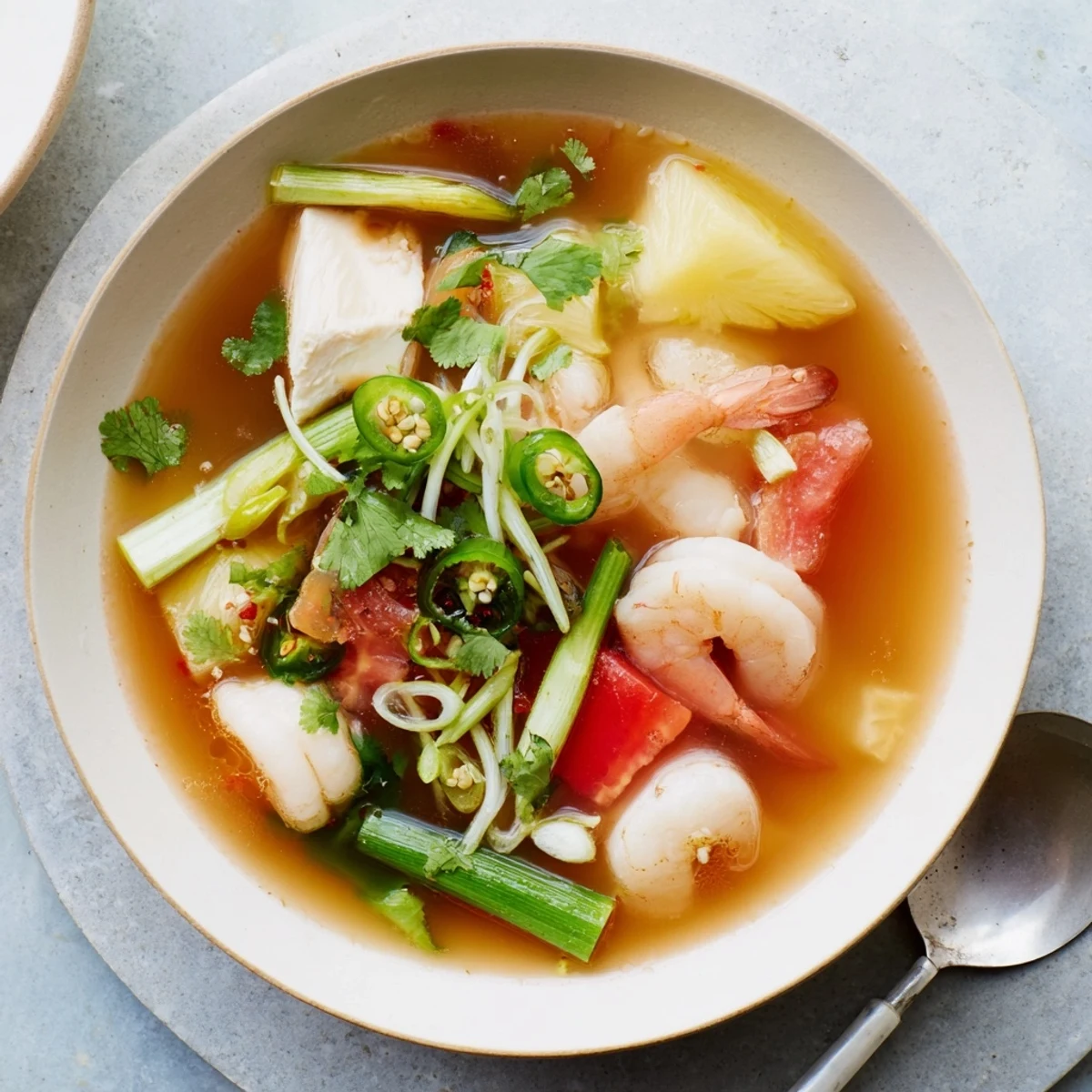 A close-up of Canh Chua soup featuring tender fish, bean sprouts, and vibrant tomatoes in a clear broth.