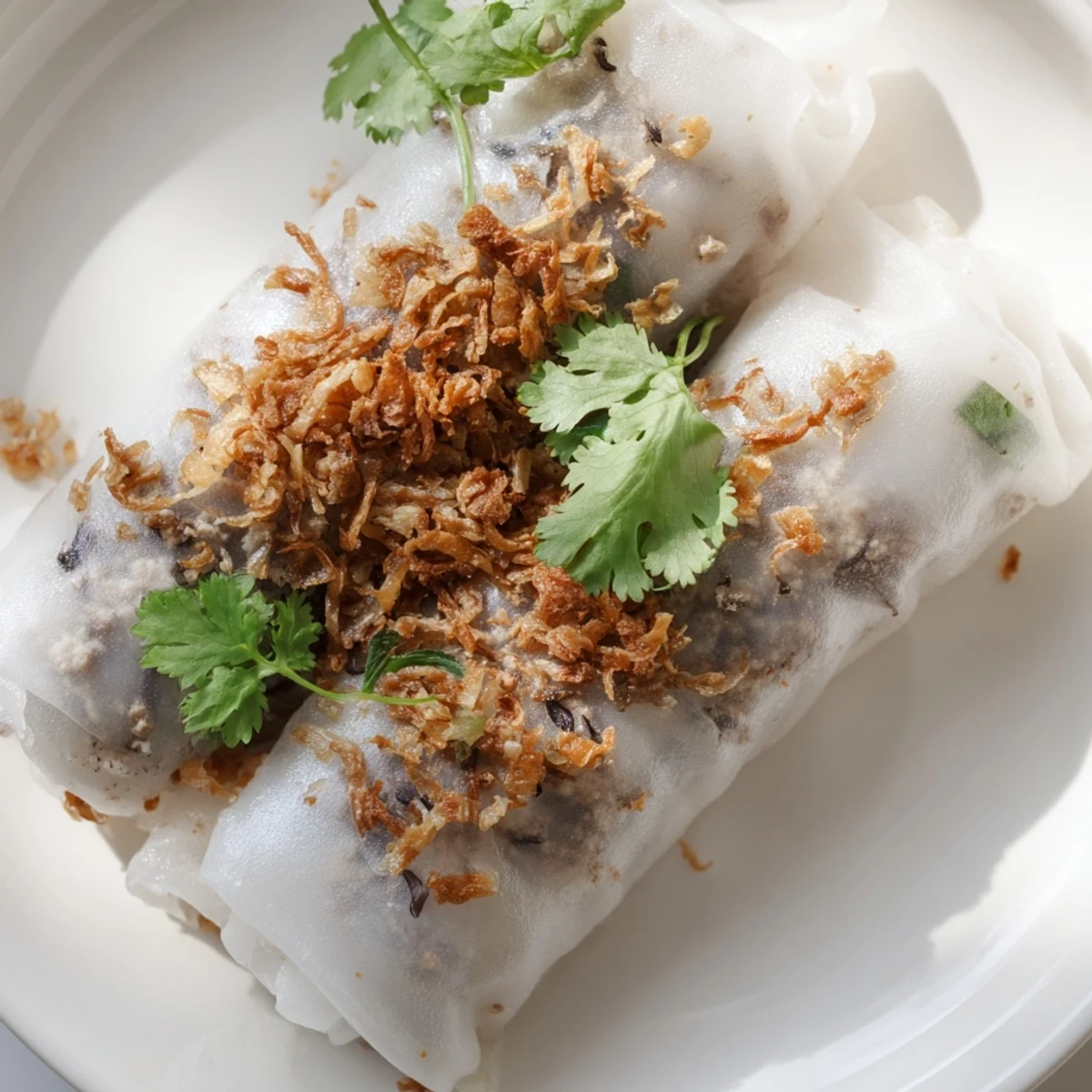 Steamed Banh Cuon rice rolls filled with savory pork and mushrooms, topped with crispy shallots and fresh herbs on a platter.