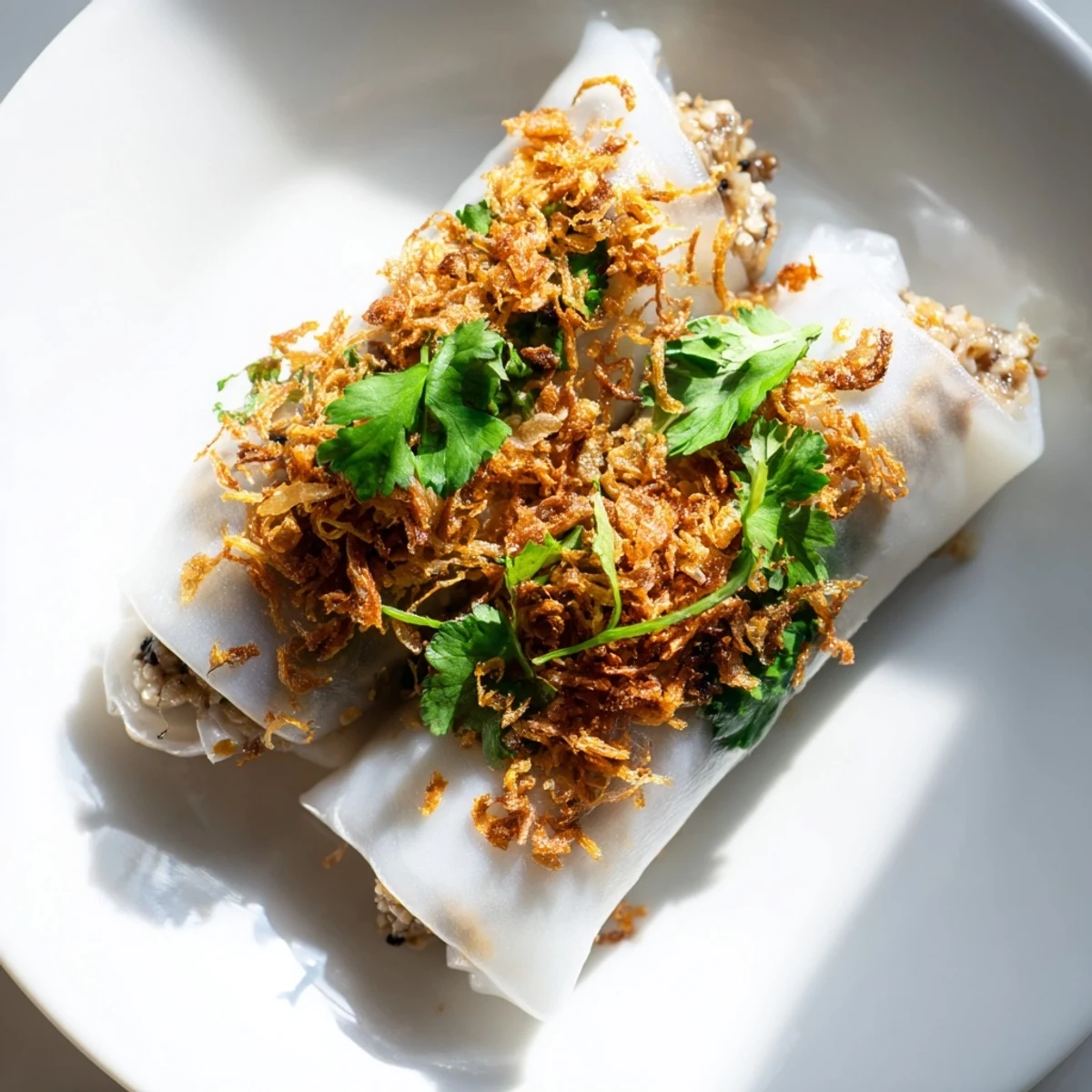A close-up of Banh Cuon rolls arranged with bean sprouts, cucumber, and a small bowl of tangy nuoc cham dipping sauce.