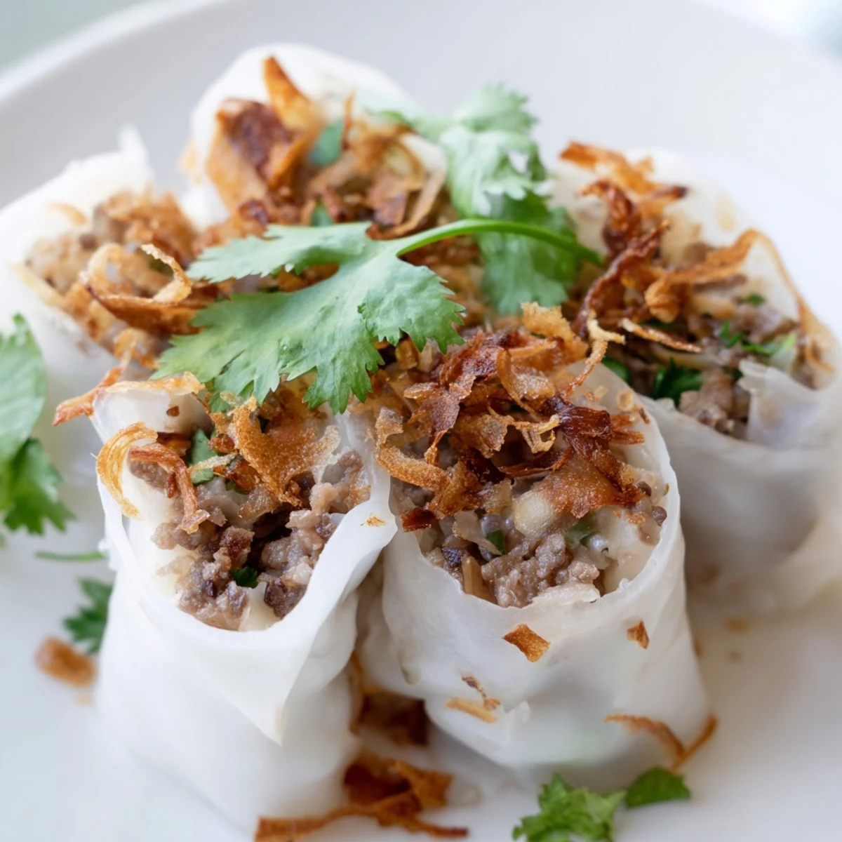 Delicate Banh Cuon rice sheets wrapped around seasoned pork filling, garnished with cilantro and served alongside a vibrant dipping sauce.