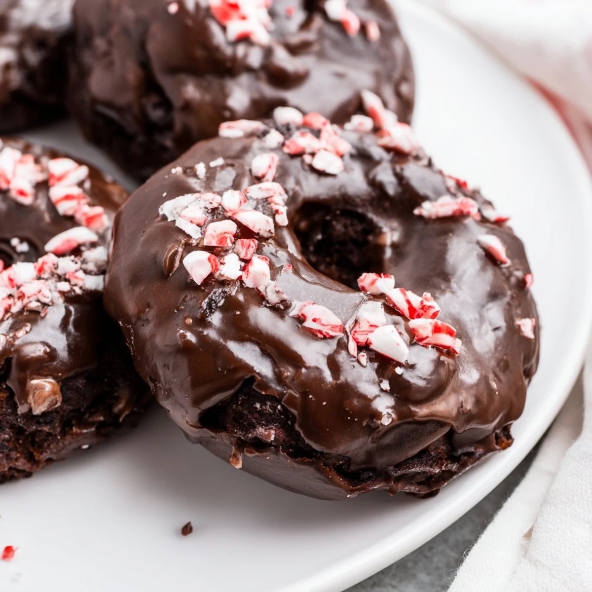Four glossy Chocolate Peppermint Mochi Donuts rest on a wire rack, dripping with rich dark glaze and crushed candy canes.