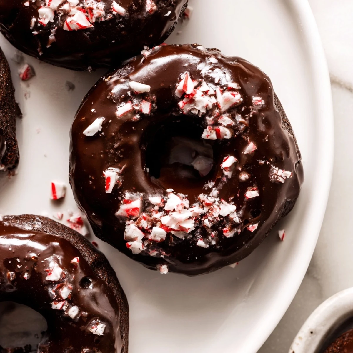 Stack of three Chocolate Peppermint Mochi Donuts with white glaze drizzle, perfect for festive holiday dessert tables.