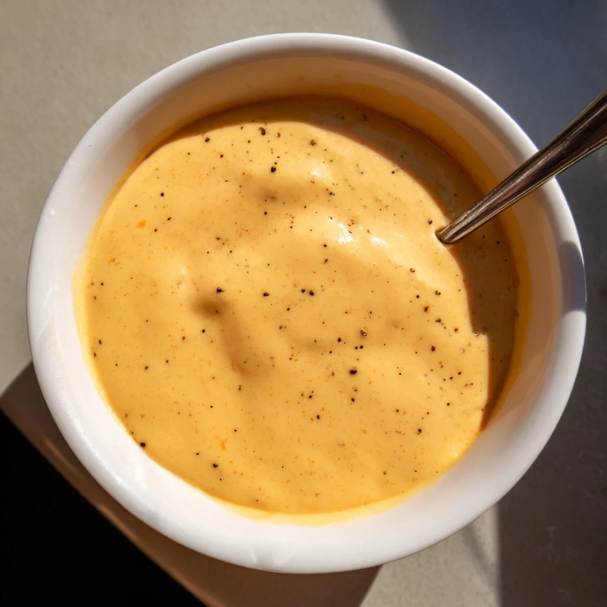 Golden, tangy Snappy Cheddar Sauce simmering in a pan on the stove.