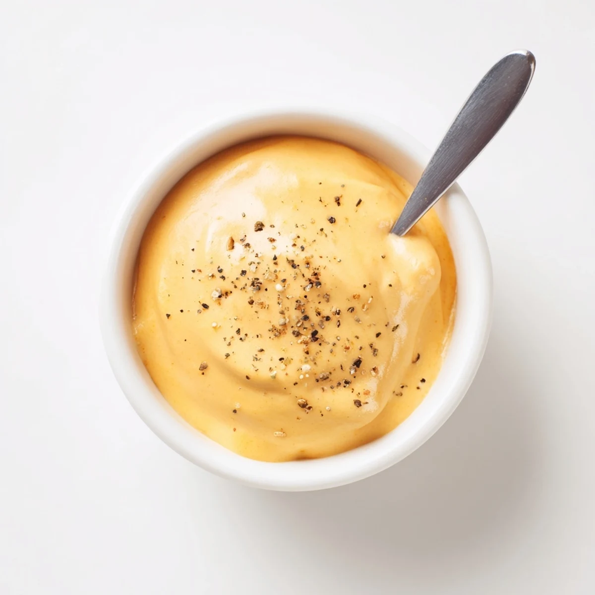 Velvety Snappy Cheddar Sauce in a white bowl with tortilla chips nearby.