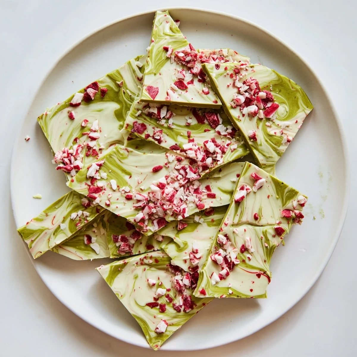 Creamy white chocolate marbled with vibrant green matcha and peppermint, the festive Matcha Peppermint Bark recipe is broken into shards for a holiday treat.