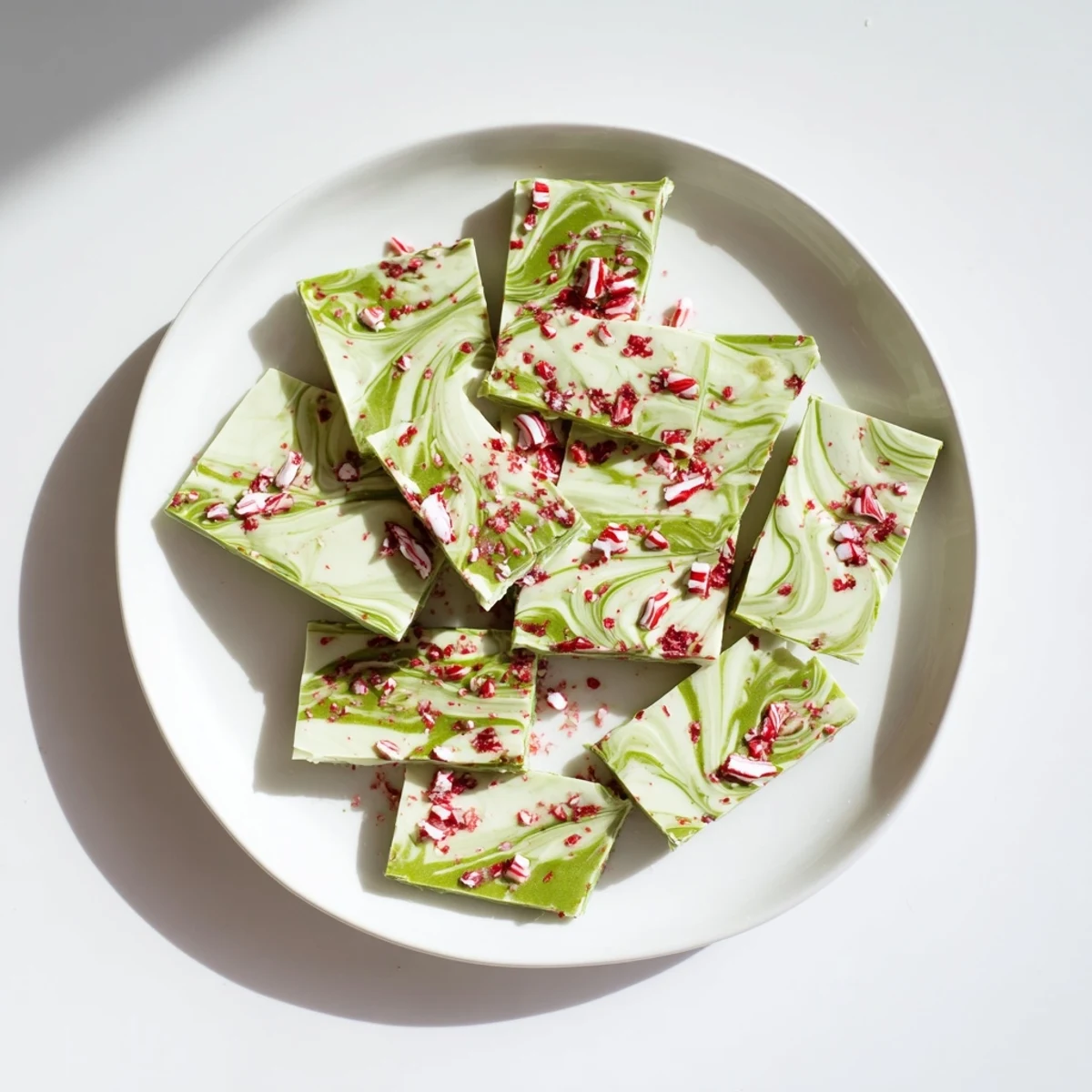 The Matcha Peppermint Bark recipe features swirled matcha and peppermint white chocolate pieces stacked on a rustic wooden table for a holiday dessert.