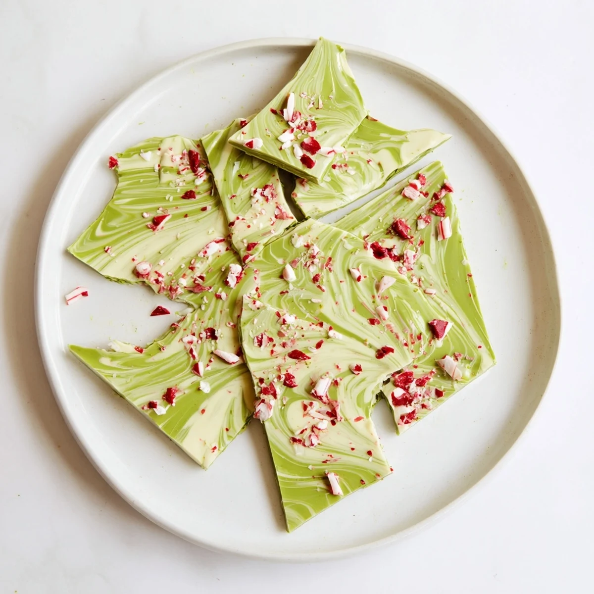 A close view of the Matcha Peppermint Bark recipe showing a glossy chocolate surface with crushed candy canes, perfect for a gluten-free homemade gift.