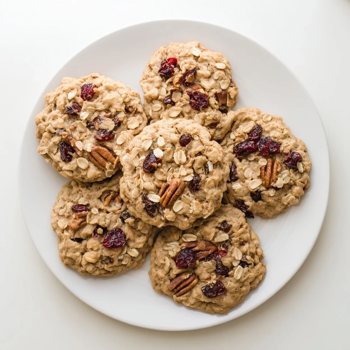 Golden-brown Chai Oatmeal Craisin Cookies with chewy oats and ruby-red cranberries on a rustic wooden board.