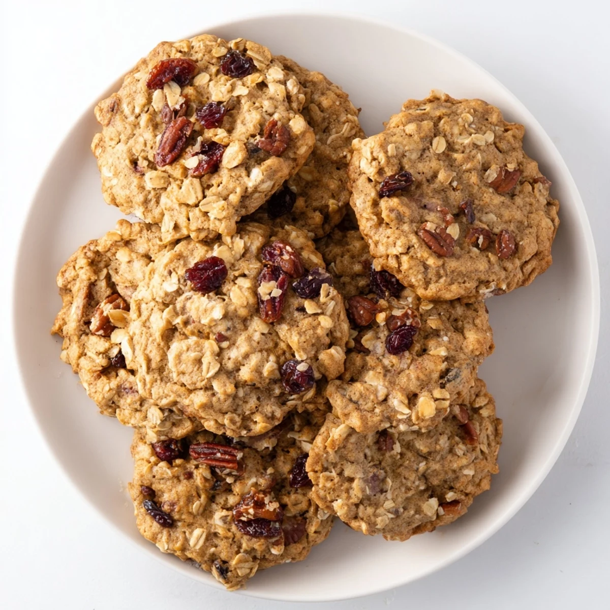 Close-up of a warm Chai Oatmeal Craisin Cookie showing texture with oats, spices, and dried cranberries.