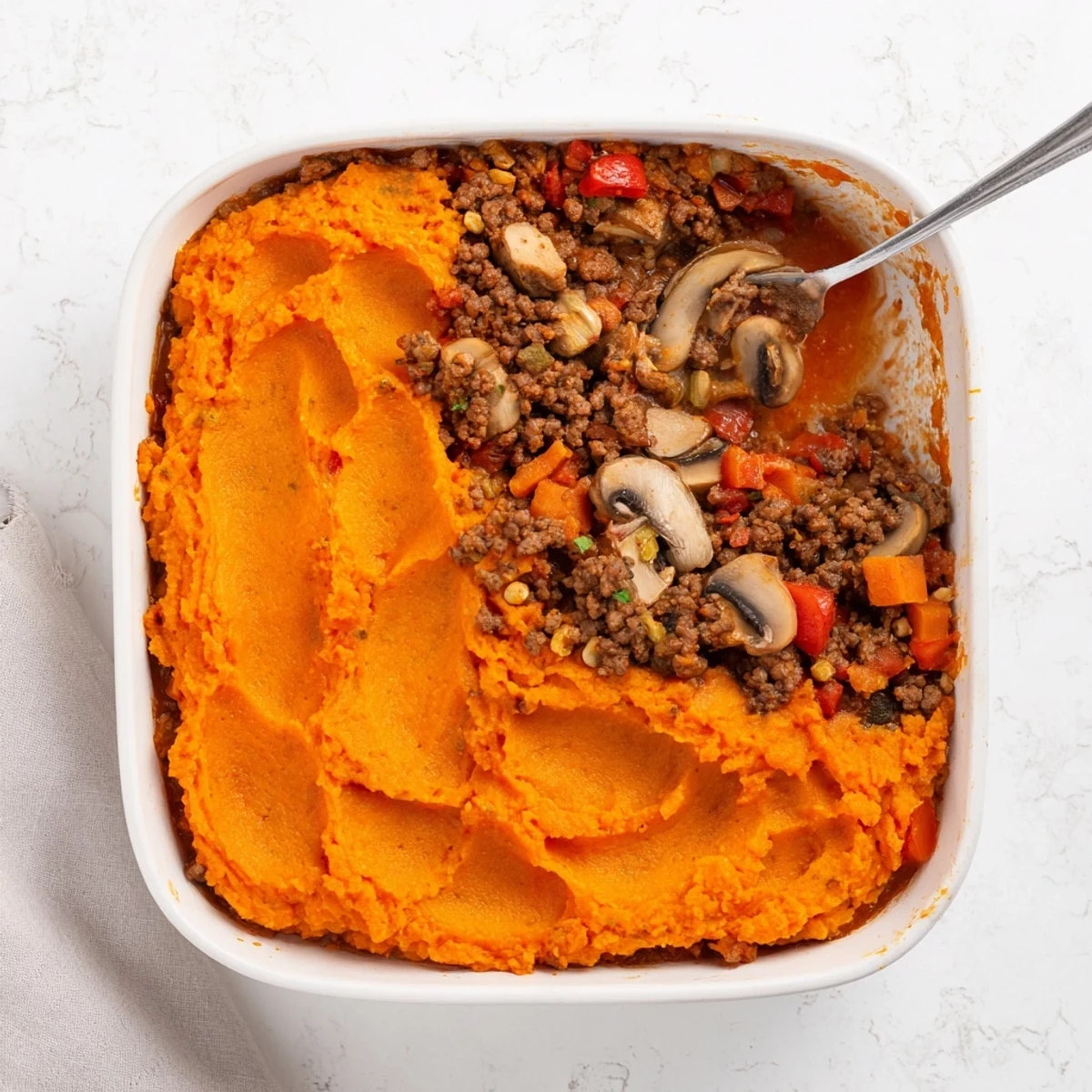 A generous serving of Beef, Tomato & Mushroom Cottage Pie with Sweet Potato on a white plate next to fresh herbs.  