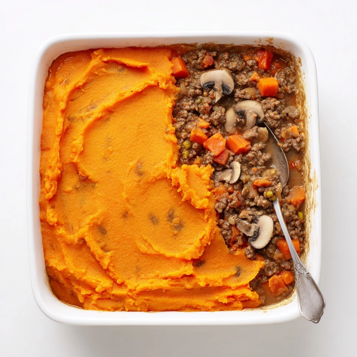 Close-up of Beef, Tomato & Mushroom Cottage Pie with Sweet Potato mash bubbling in a rustic dish with golden edges.  
