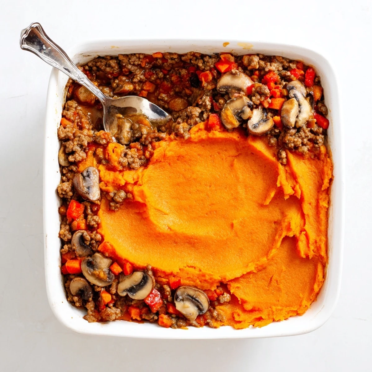 Overhead view of Beef, Tomato & Mushroom Cottage Pie with Sweet Potato being scooped from a hot baking dish.