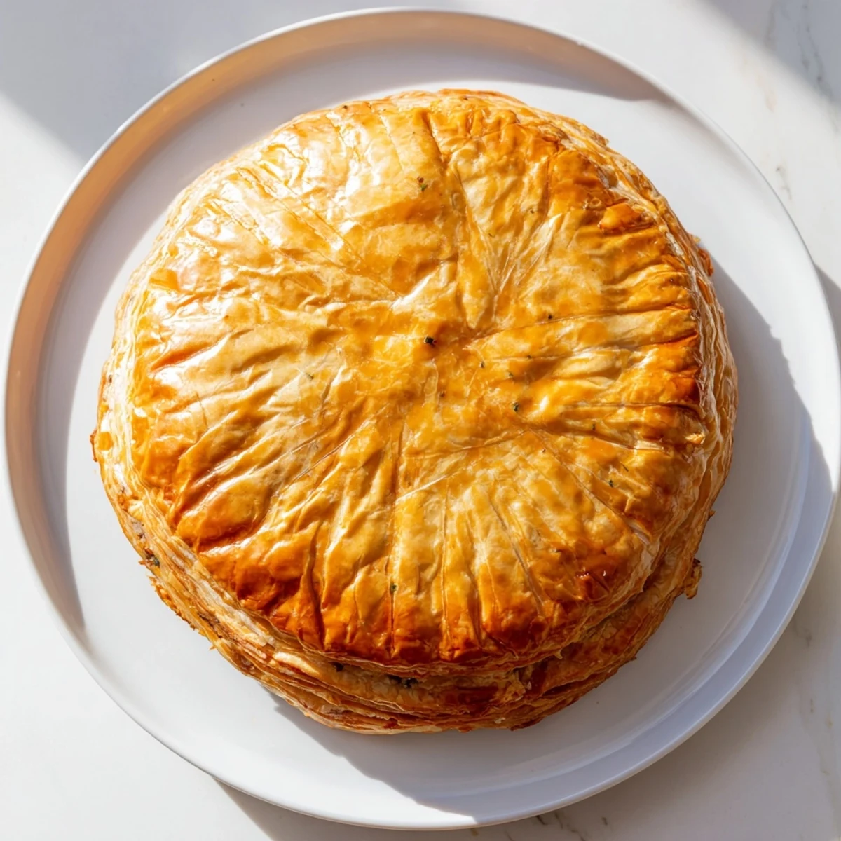 Close-up of pâte chaud pastries showing flaky puff pastry layers and juicy seasoned pork filling on a baking tray.
