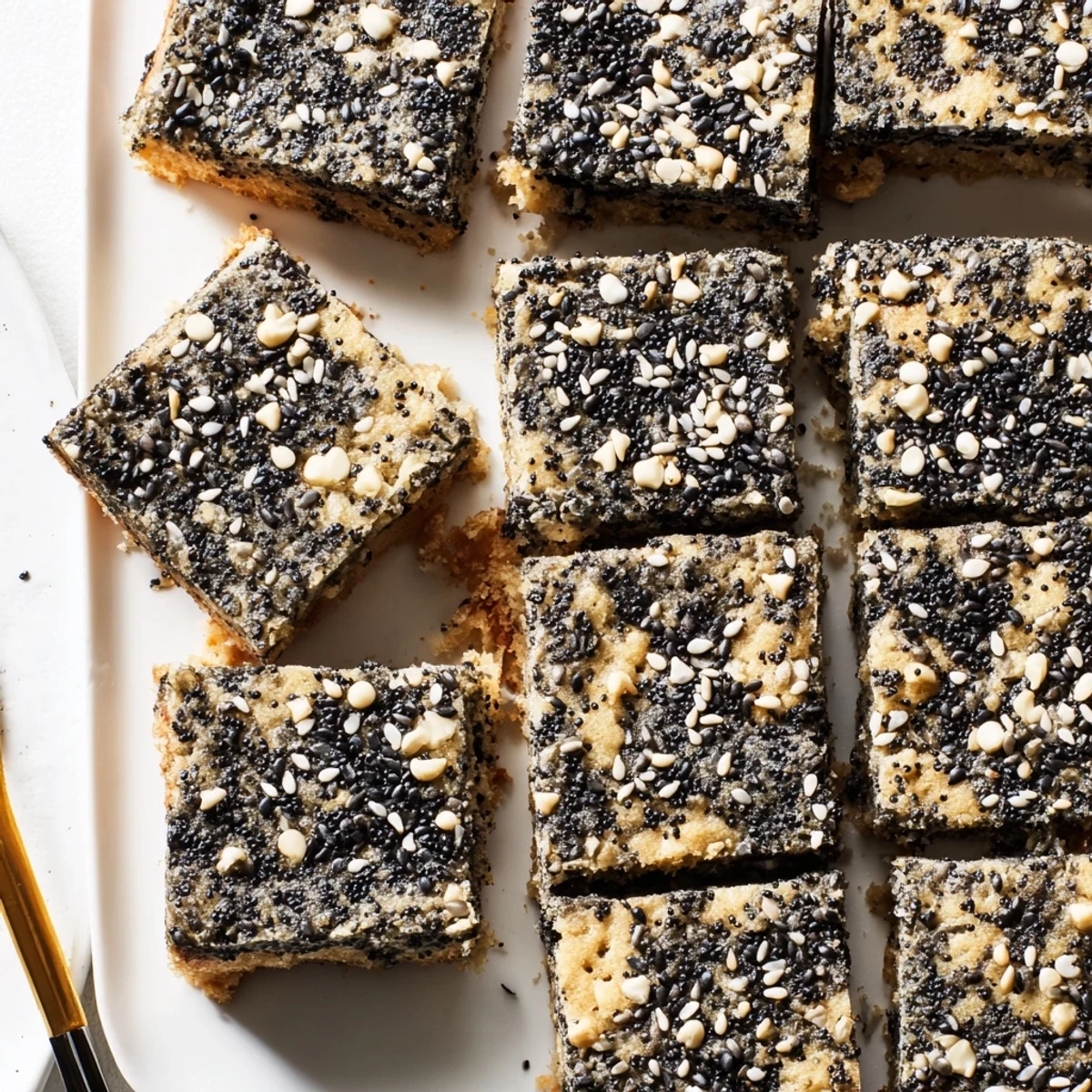 A close-up of freshly baked Black Sesame Blondies, showing the golden-brown edges and a soft, chewy interior speckled with toasted sesame seeds.