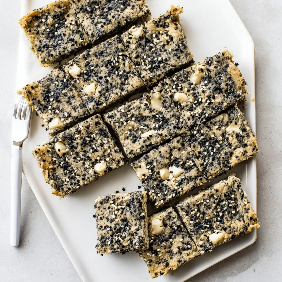A slice of Black Sesame Blondies with white chocolate chips melting on top, served on a rustic plate with a glass of milk.