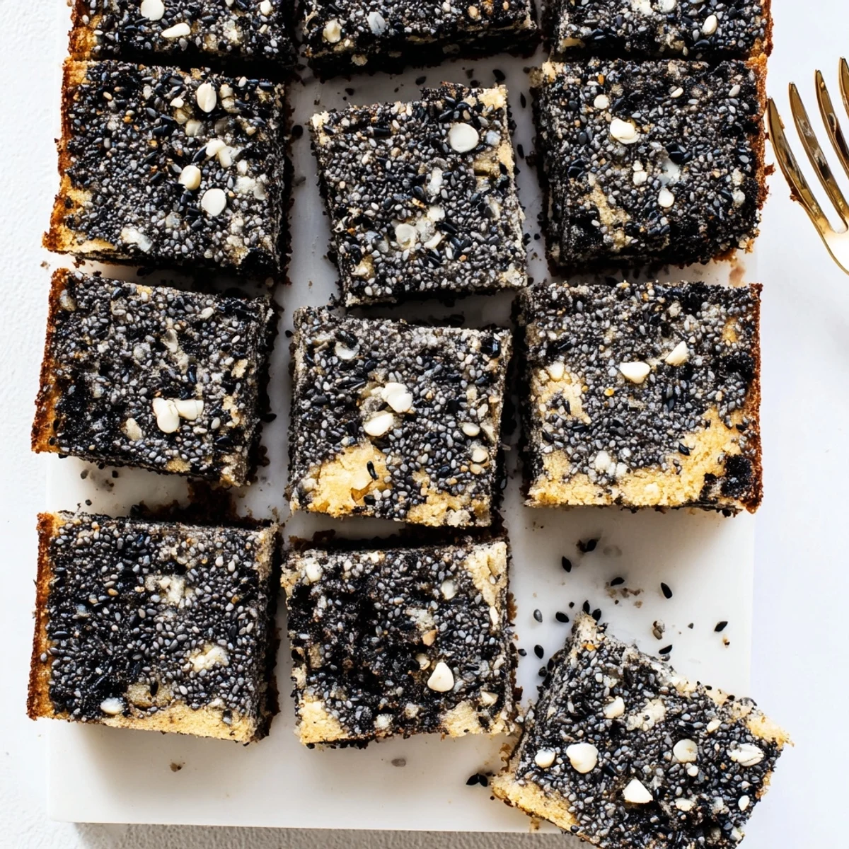 Golden-brown squares of Black Sesame Blondies with a nutty aroma, perfect for dessert or an afternoon treat alongside a hot cup of coffee.