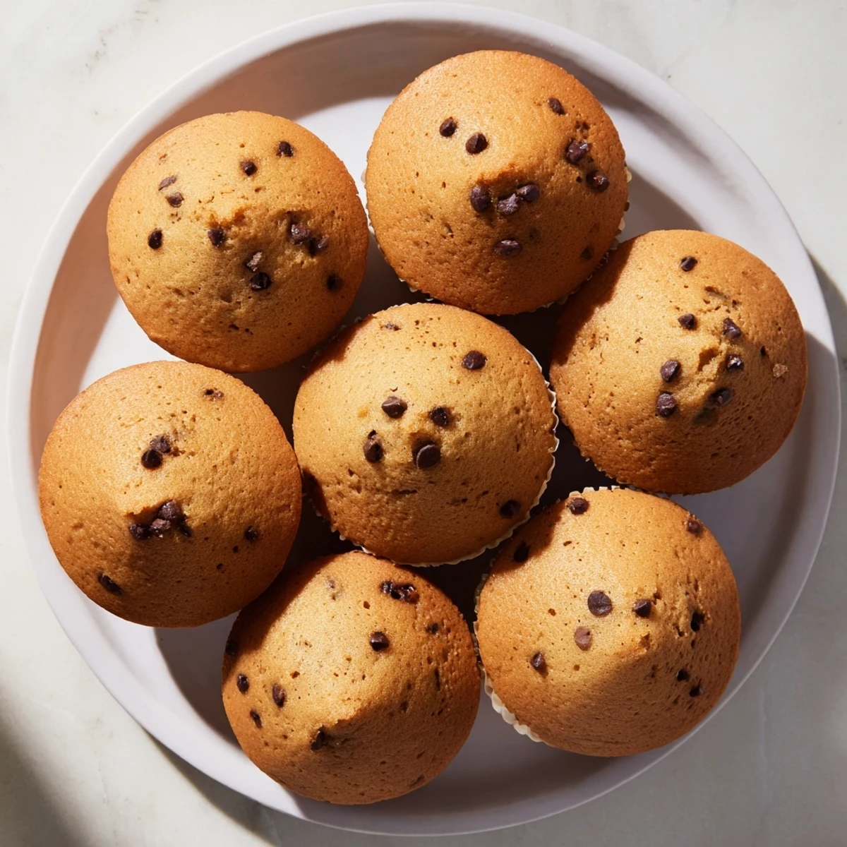 Freshly baked French Roast Coffee Muffins with Mochi Flour rise tall with golden tops and visible chocolate chips.