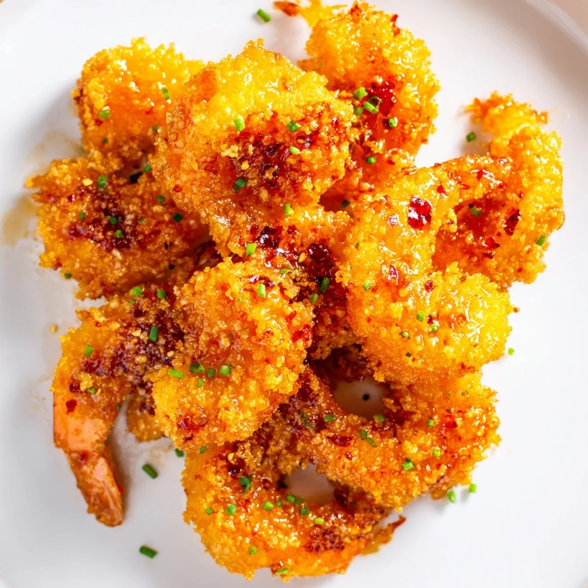 Golden, crispy Hot Honey Fried Shrimp glistening with a sweet and spicy glaze on a white plate.