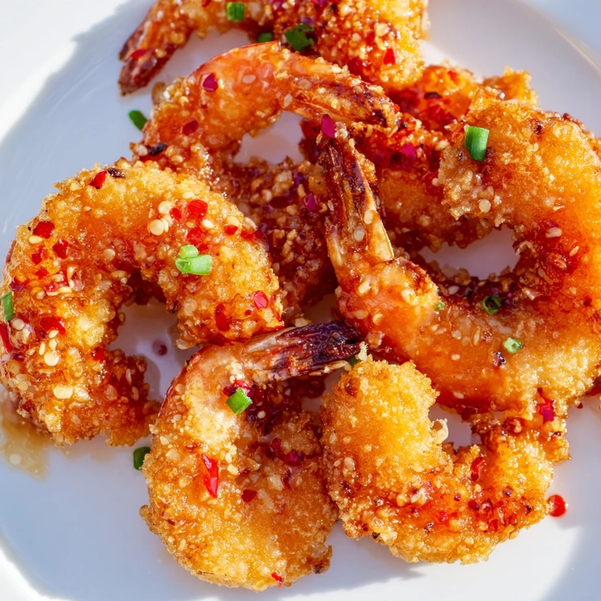 Freshly fried Hot Honey Fried Shrimp topped with chives and lemon wedges for a bright finish.