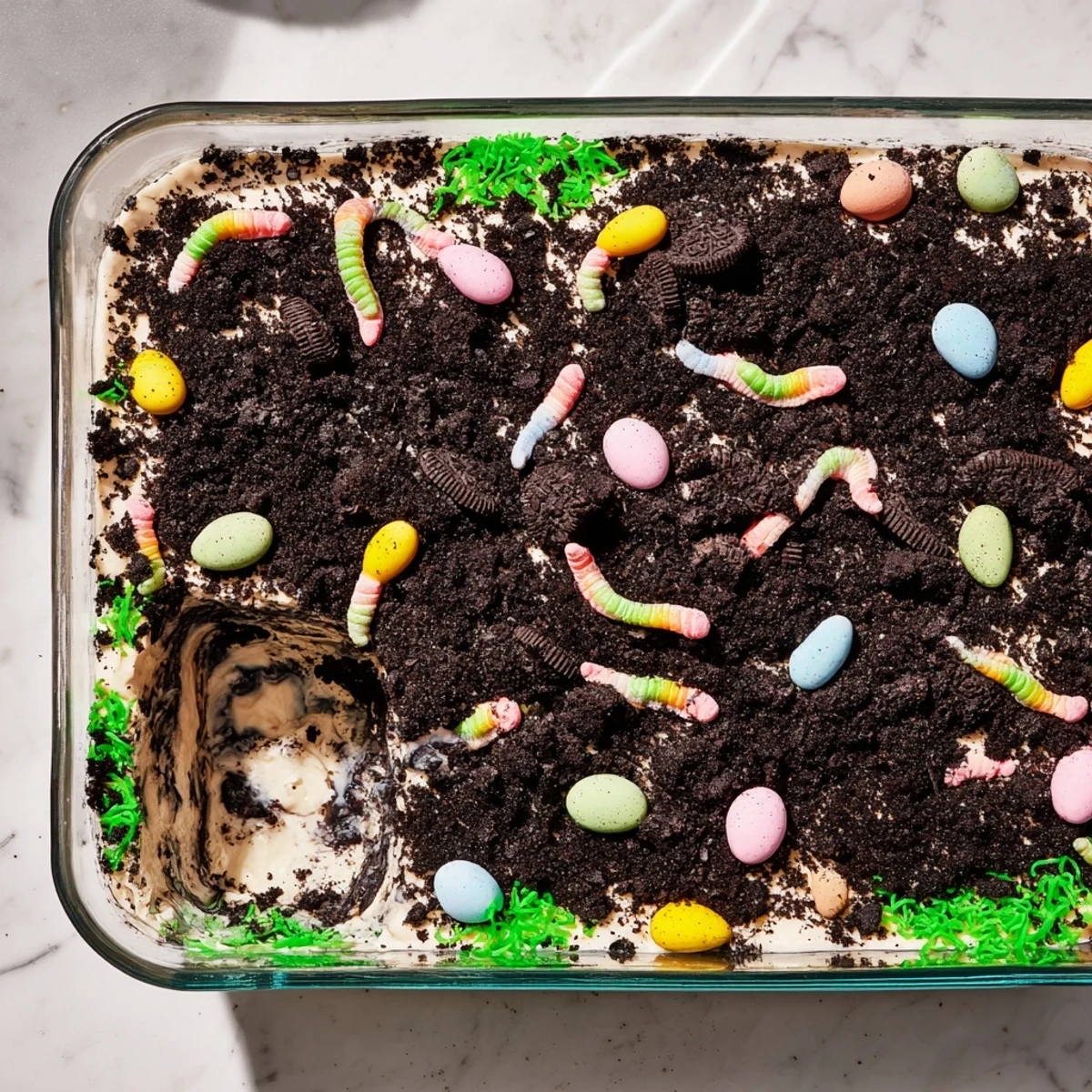 Creamy Easter Dirt Cake Casserole layered with Oreo crumbs, gummy worms, and smooth vanilla pudding in a glass dish.