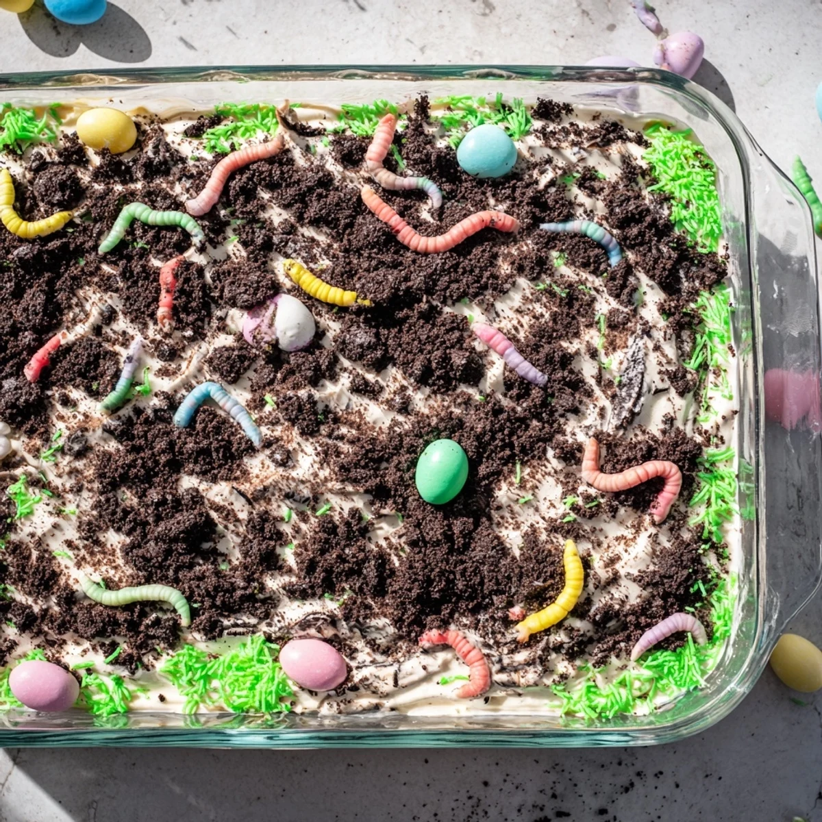 Chilled Easter Dirt Cake Casserole topped with gummy worms, crushed cookies, and pastel candy eggs for a festive spring treat.