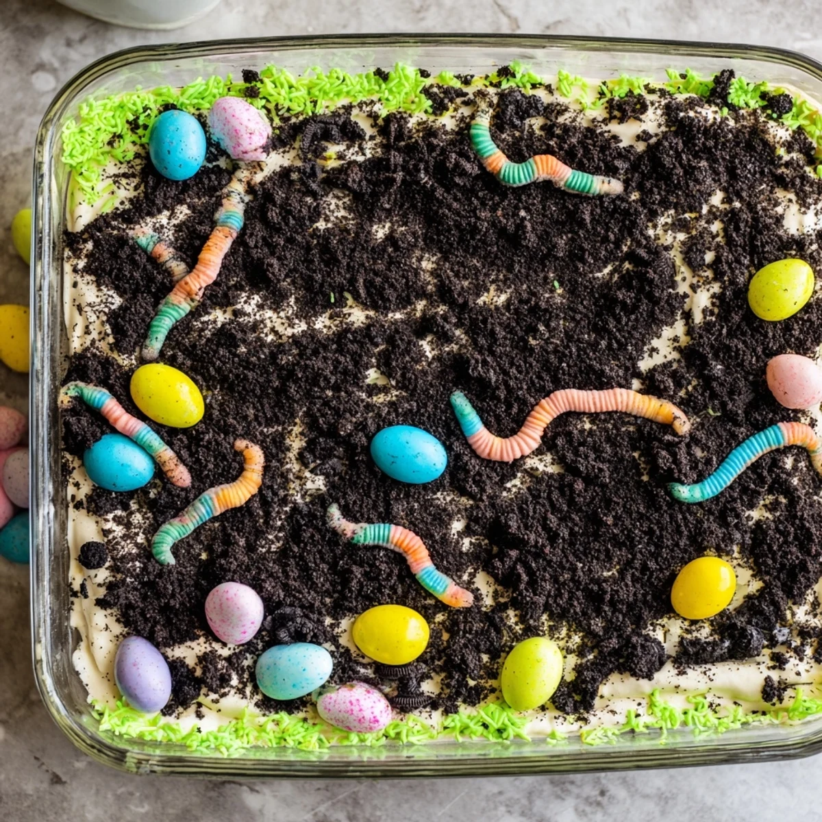 Spoon-ready slice of Easter Dirt Cake Casserole showing rich chocolate cookie dirt, creamy pudding layers, and playful candy decorations.