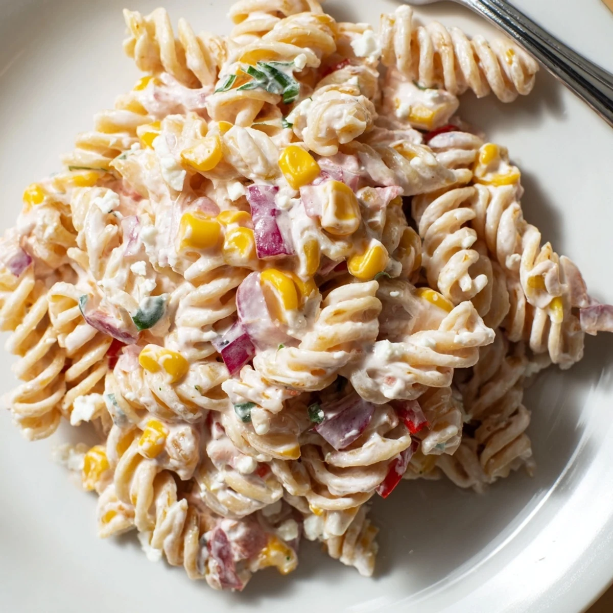 Fresh Mexican Street Corn Pasta Salad showcases creamy dressing, sweet corn, and cotija cheese garnish on a colorful platter.