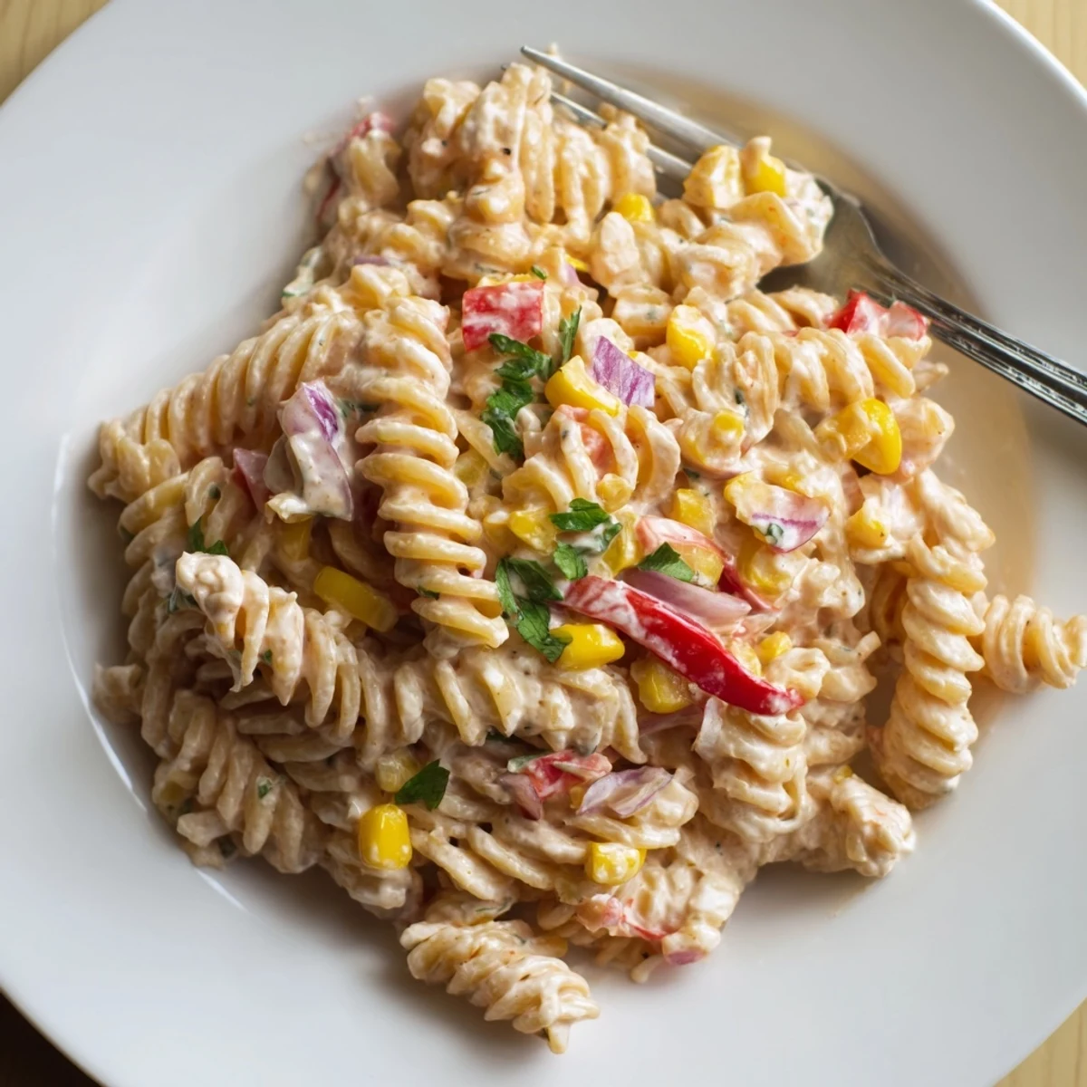A close-up of Mexican Street Corn Pasta Salad reveals zesty lime, crunchy veggies, and smoky chili powder in every bite.