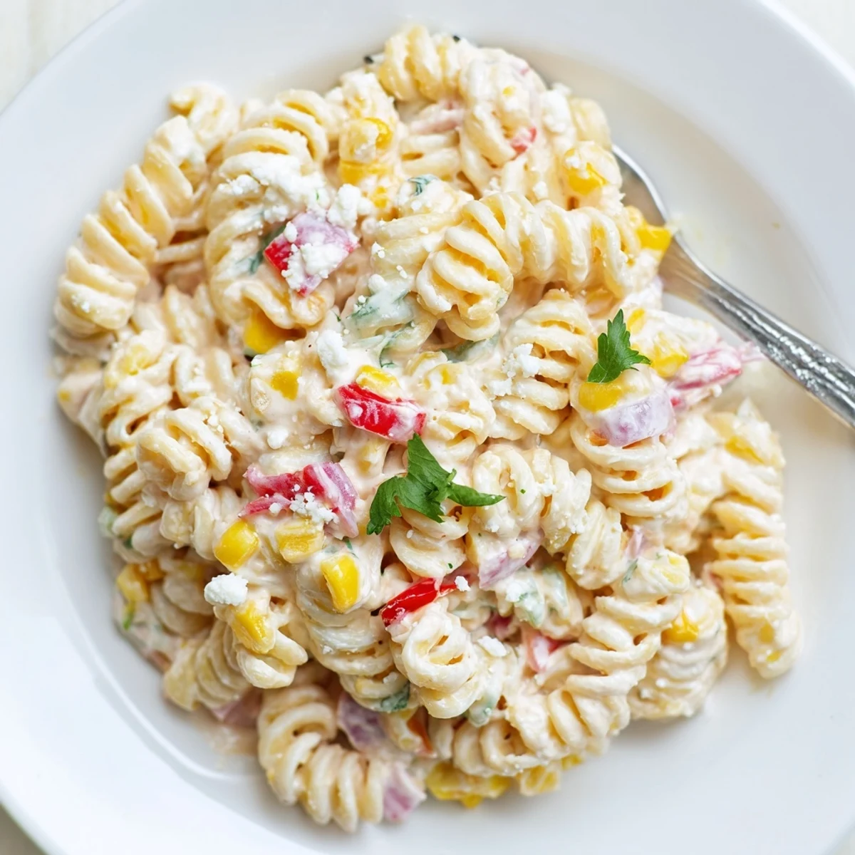 Served chilled, Mexican Street Corn Pasta Salad pairs with grilled chicken, fresh cilantro, and extra jalapeños on a summer table.