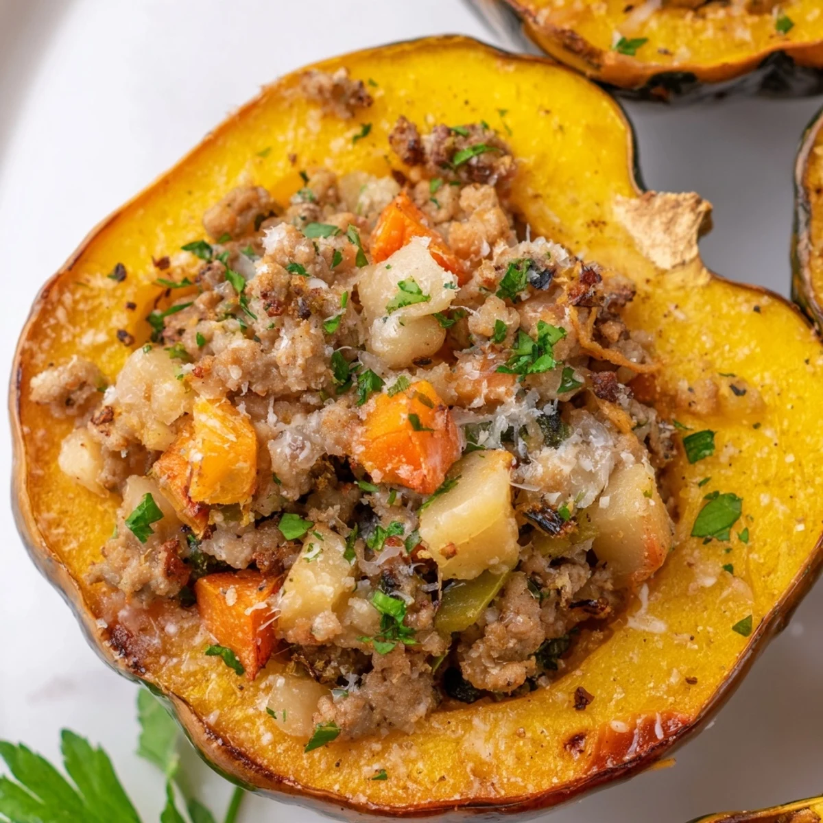 Golden roasted acorn squash halves stuffed with savory turkey and vegetables, garnished with fresh parsley.  