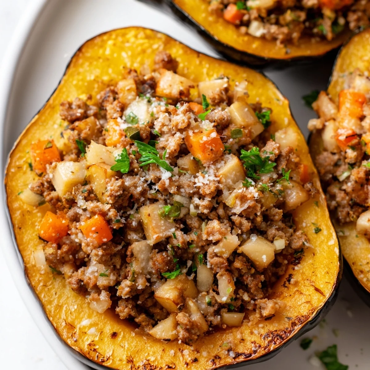 Turkey Stuffed Acorn Squash baked until bubbling, served hot on a rustic plate for fall comfort.  