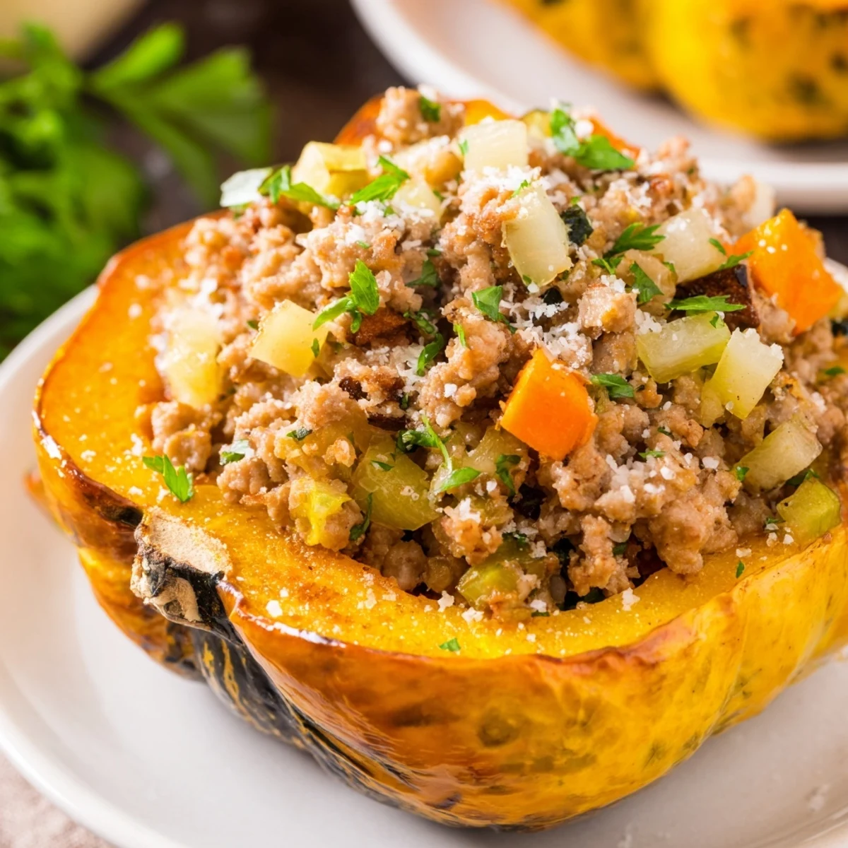 Close-up of Turkey Stuffed Acorn Squash revealing tender filling, melted Parmesan, and warm autumn spices.
