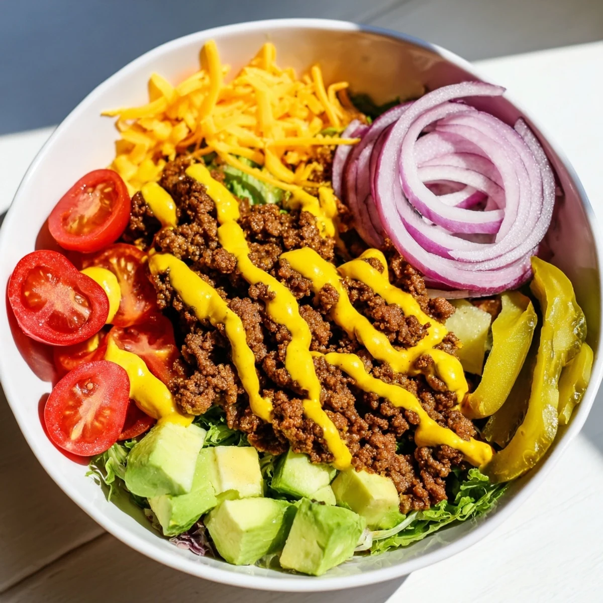 Savory burger bowls feature seasoned ground beef, melted cheddar, and fresh veggies on crisp romaine for a gluten-free meal.