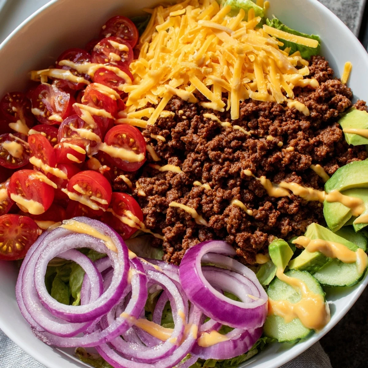 Colorful burger bowls showcase juicy beef, cherry tomatoes, avocado, pickles, and a creamy burger sauce on chopped lettuce.