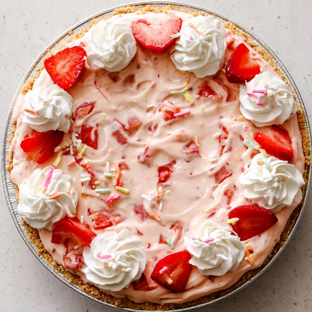 Golden slice of Easter No Bake Jello Pie topped with fresh strawberry slices and whipped cream on a spring table.