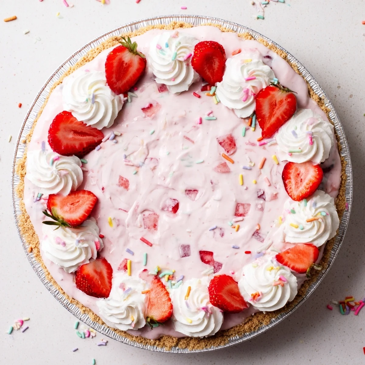 Smooth creamy layers of Easter No Bake Jello Pie with a graham cracker crust and pastel sprinkles for garnish.