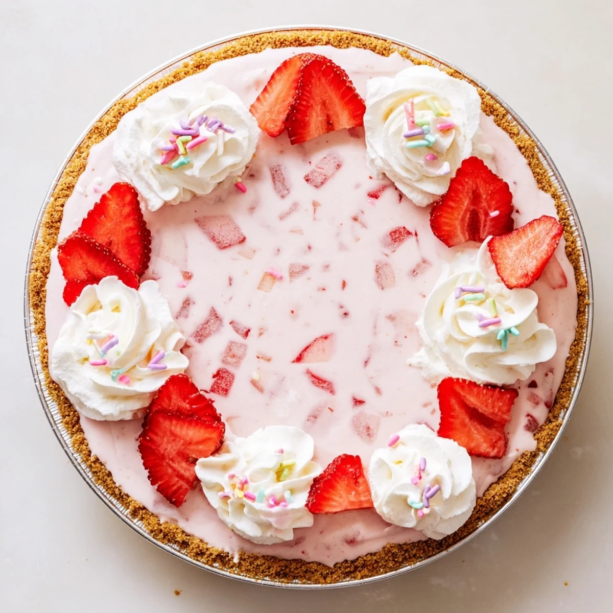 Chilled Easter No Bake Jello Pie served on a dessert plate with bright strawberries and a dollop of whipped cream.