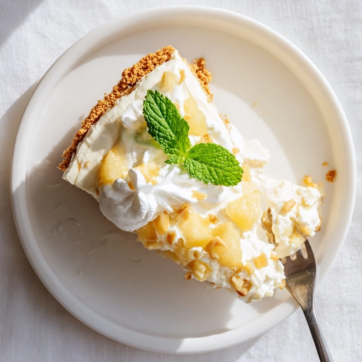 No Bake Pineapple Cheesecake in a springform pan with fresh mint garnish and creamy textured slices.