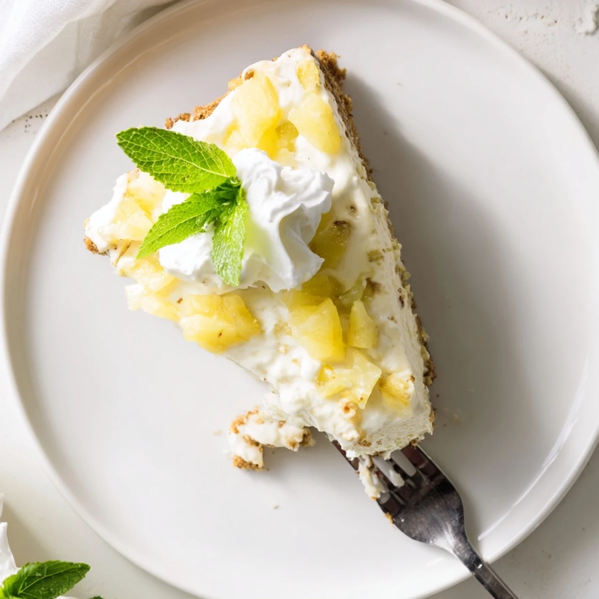 No Bake Pineapple Cheesecake served on a white plate with buttery graham cracker crust and pineapple garnish.