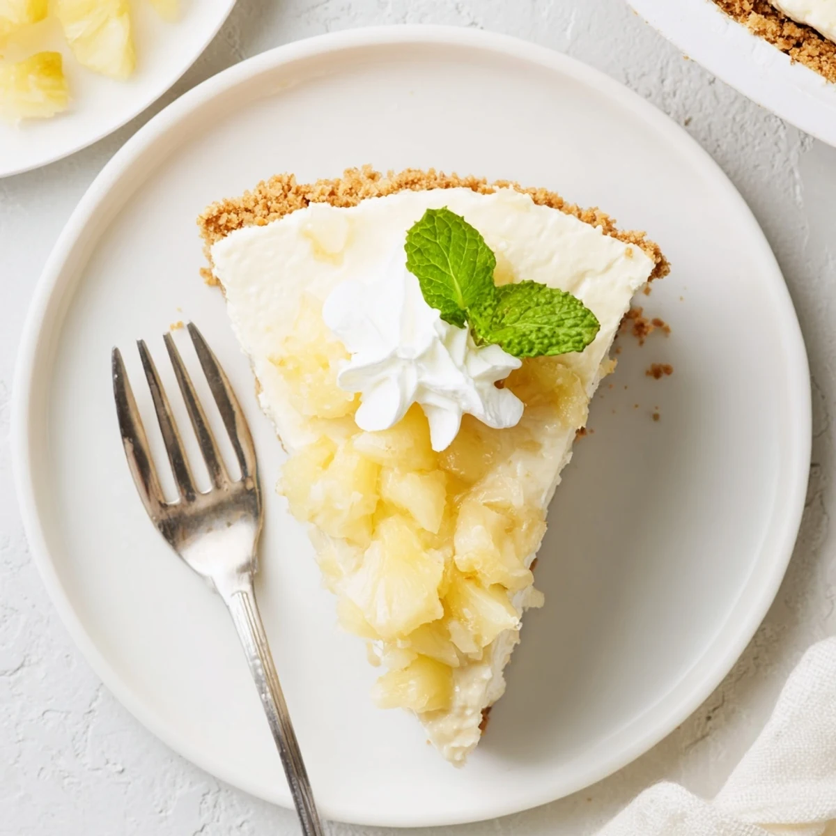 A chilled No Bake Pineapple Cheesecake slice topped with crushed pineapple and whipped cream on a summer table.
