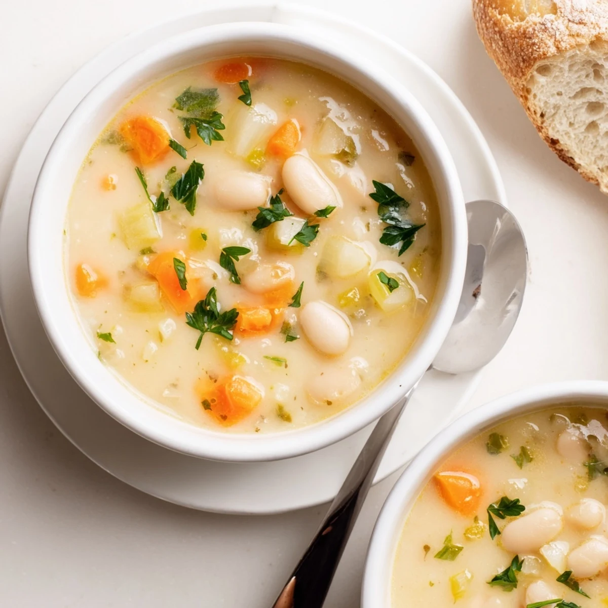 Savory Cozy Rosemary Garlic White Bean Soup ladled into a white bowl beside crusty bread.