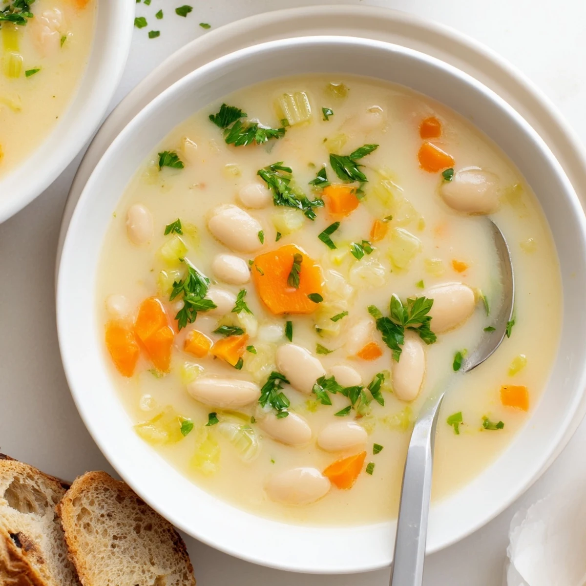 Creamy Cozy Rosemary Garlic White Bean Soup steaming in a rustic bowl with parsley garnish.