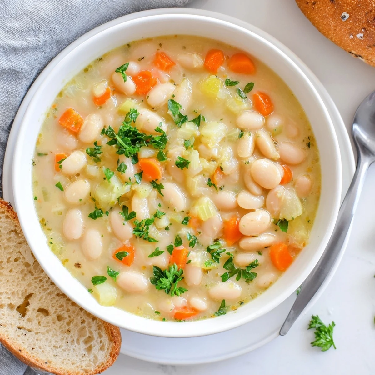 Warm Cozy Rosemary Garlic White Bean Soup simmering in a pot with fresh rosemary sprigs.