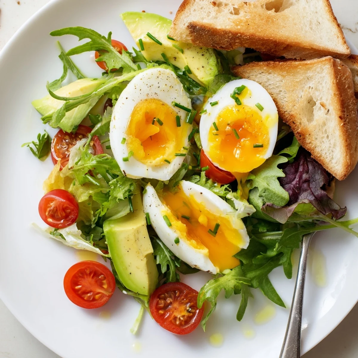 Golden soft-boiled eggs rest on toast and greens in this Savory Breakfast Plate, served with creamy avocado slices.