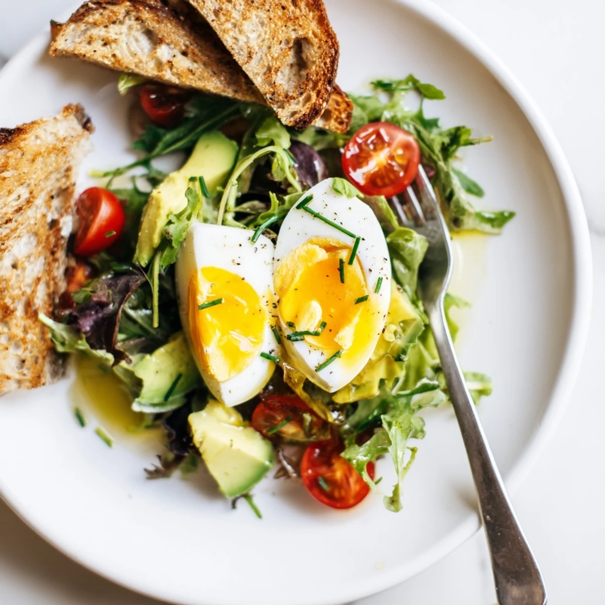 Freshly toasted bread and vibrant salad greens make this Savory Breakfast Plate a bright, wholesome morning meal.