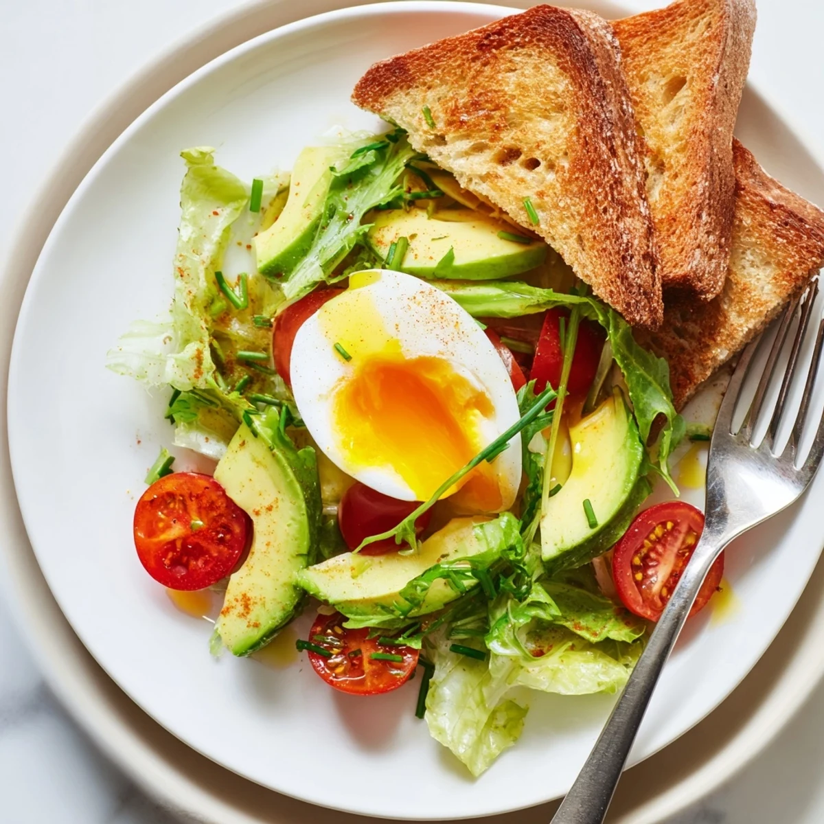 Savory Breakfast Plate features halved soft eggs, crisp toast, and cherry tomatoes drizzled with lemony olive oil.