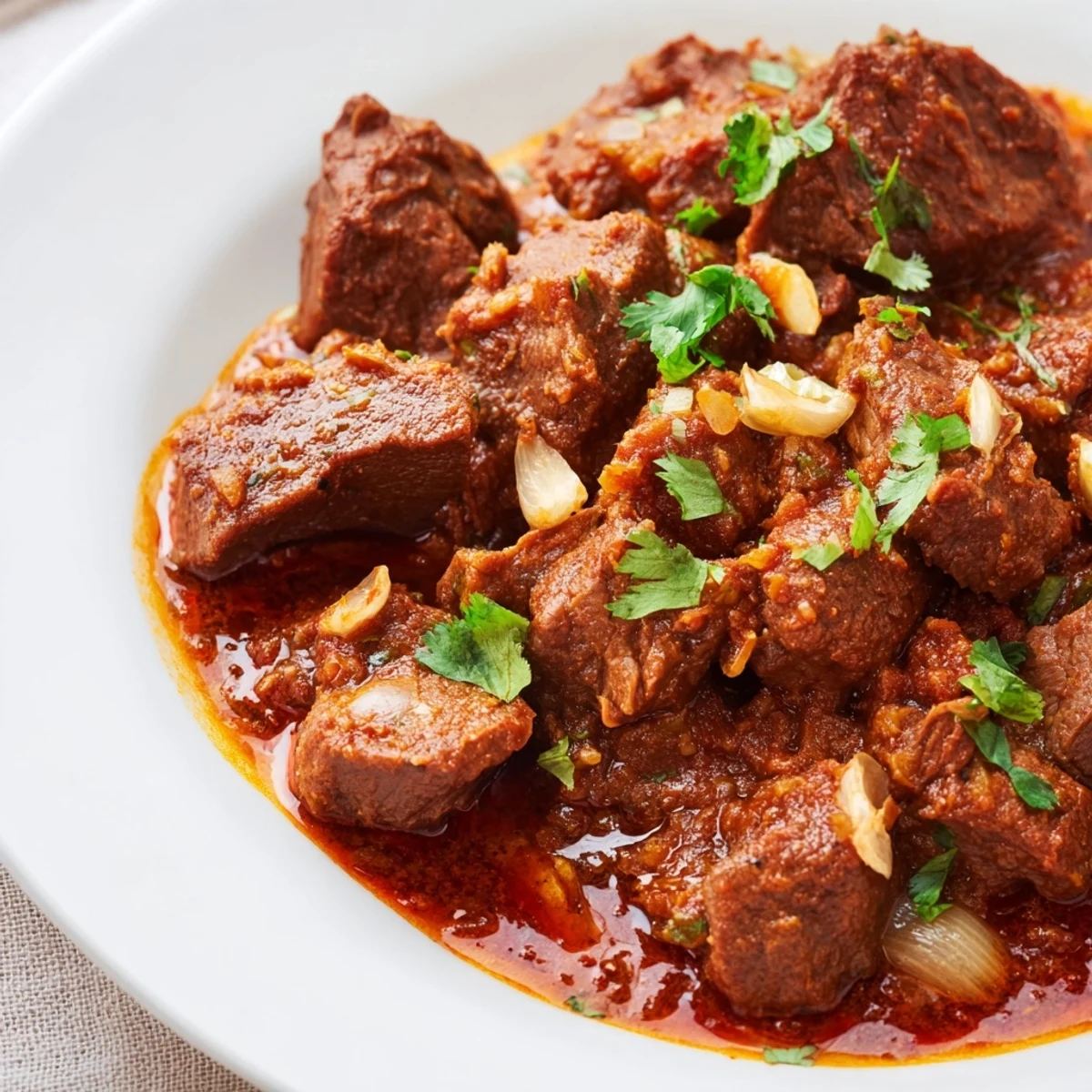 Tender beef cubes simmered in rich Indian beef curry with tomato gravy, garnished with fresh cilantro