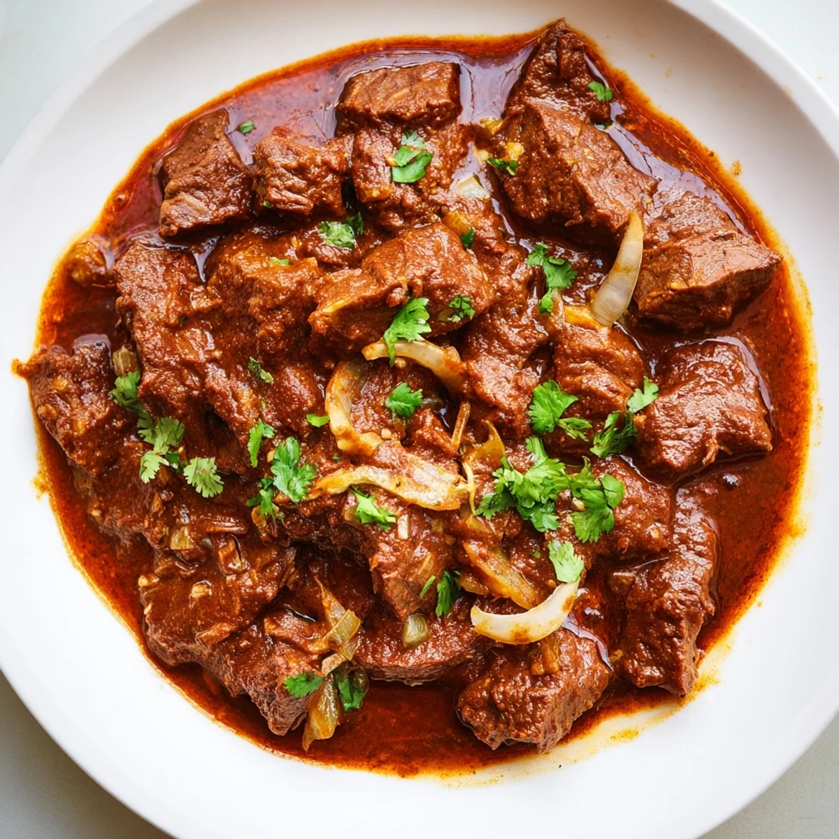 Golden beef chunks swimming in spiced Indian beef curry with tomato gravy, topped with green onions